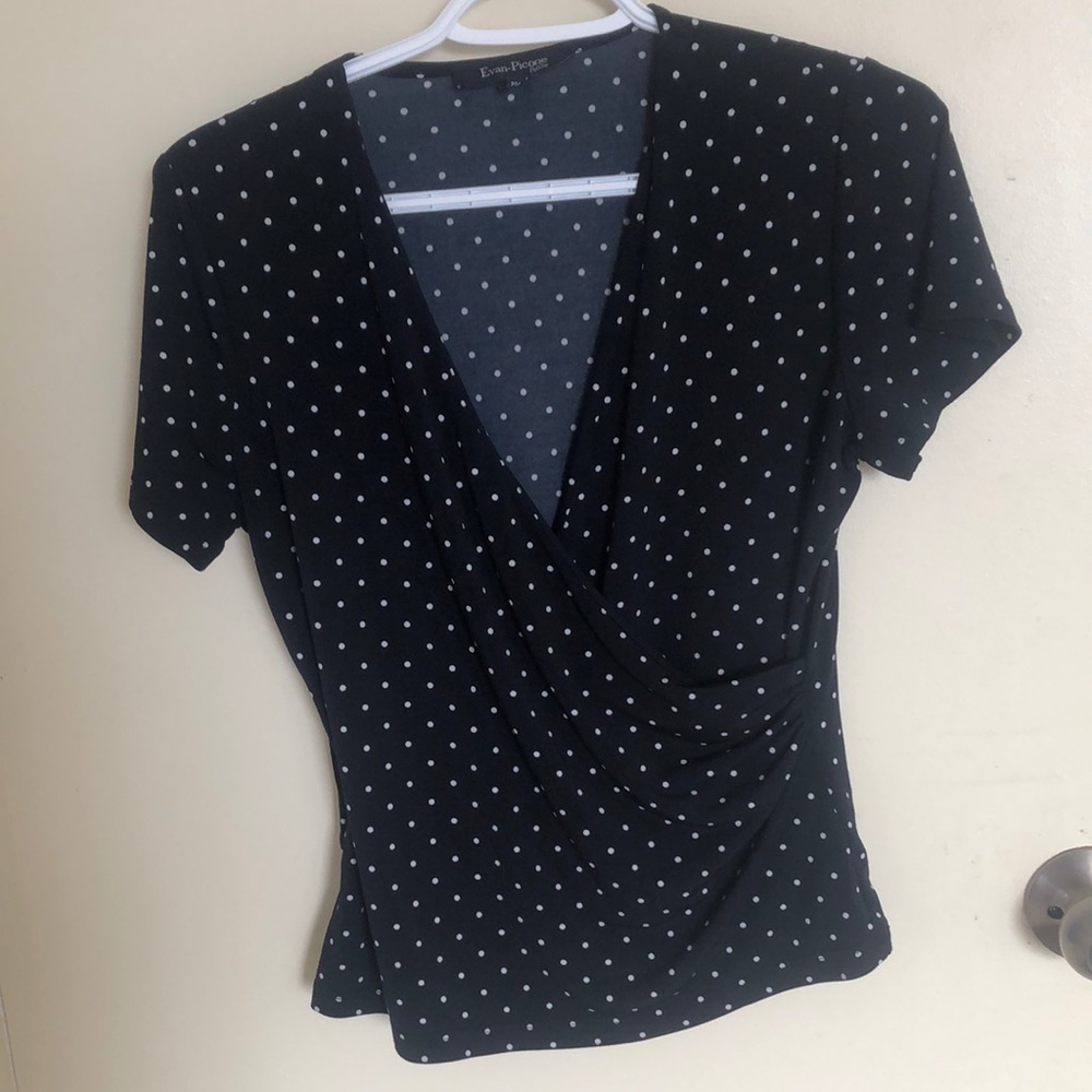 Petite Medium, Wrap Around Black and White Polka Dot Short Sleeve, Evan-Picone